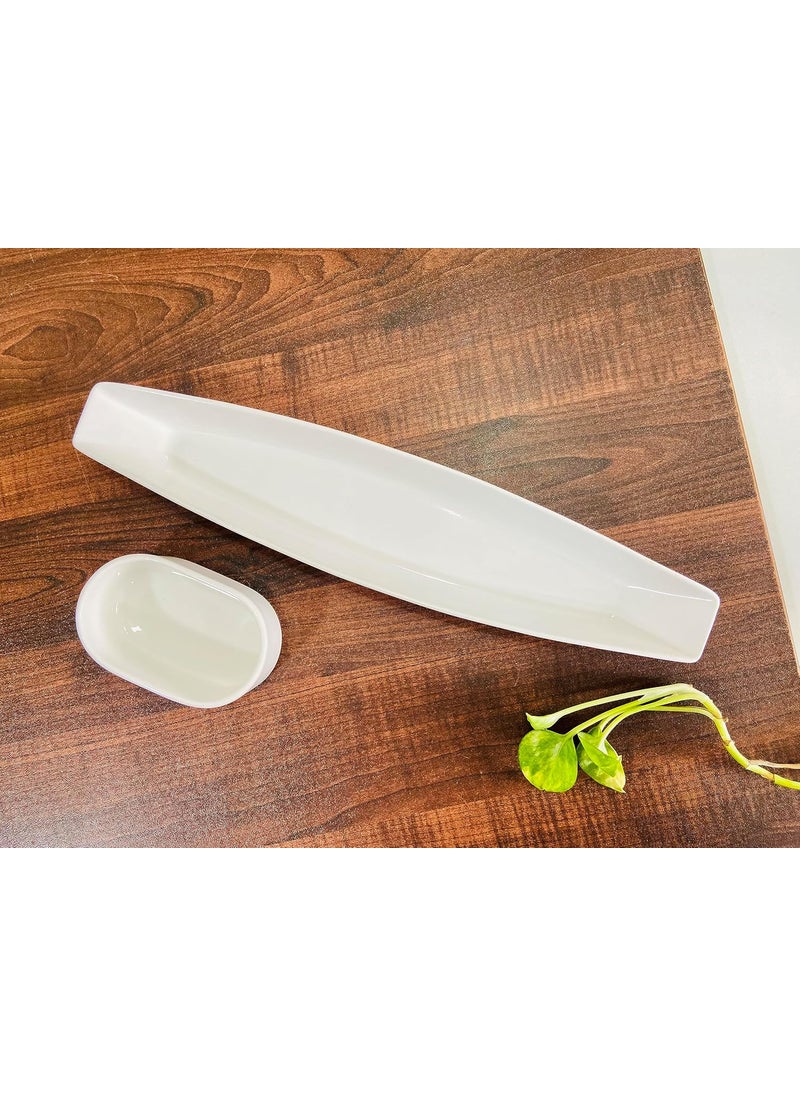 ALTAICA Porcelain Platter with Dip Bowl Serving for Snacks Starter Salad Perfect for Modern Kitchen Size 30x65x3 cm