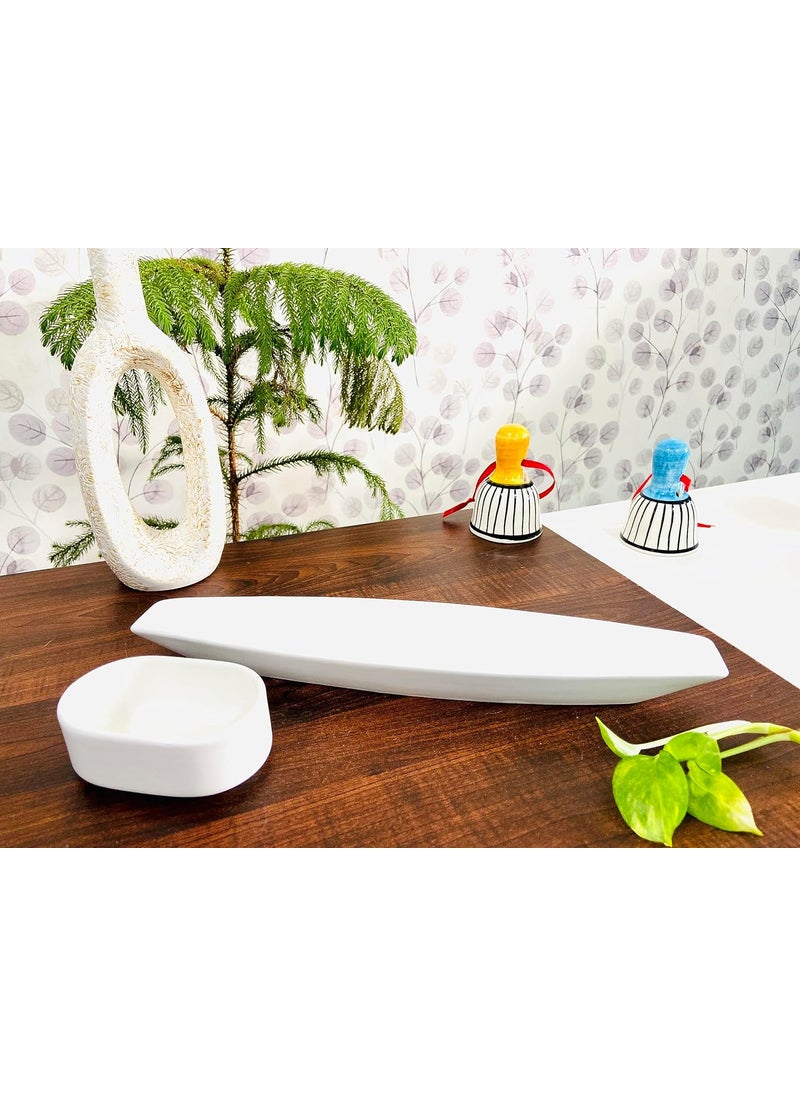 ALTAICA Porcelain Platter with Dip Bowl Serving for Snacks Starter Salad Perfect for Modern Kitchen Size 30x65x3 cm