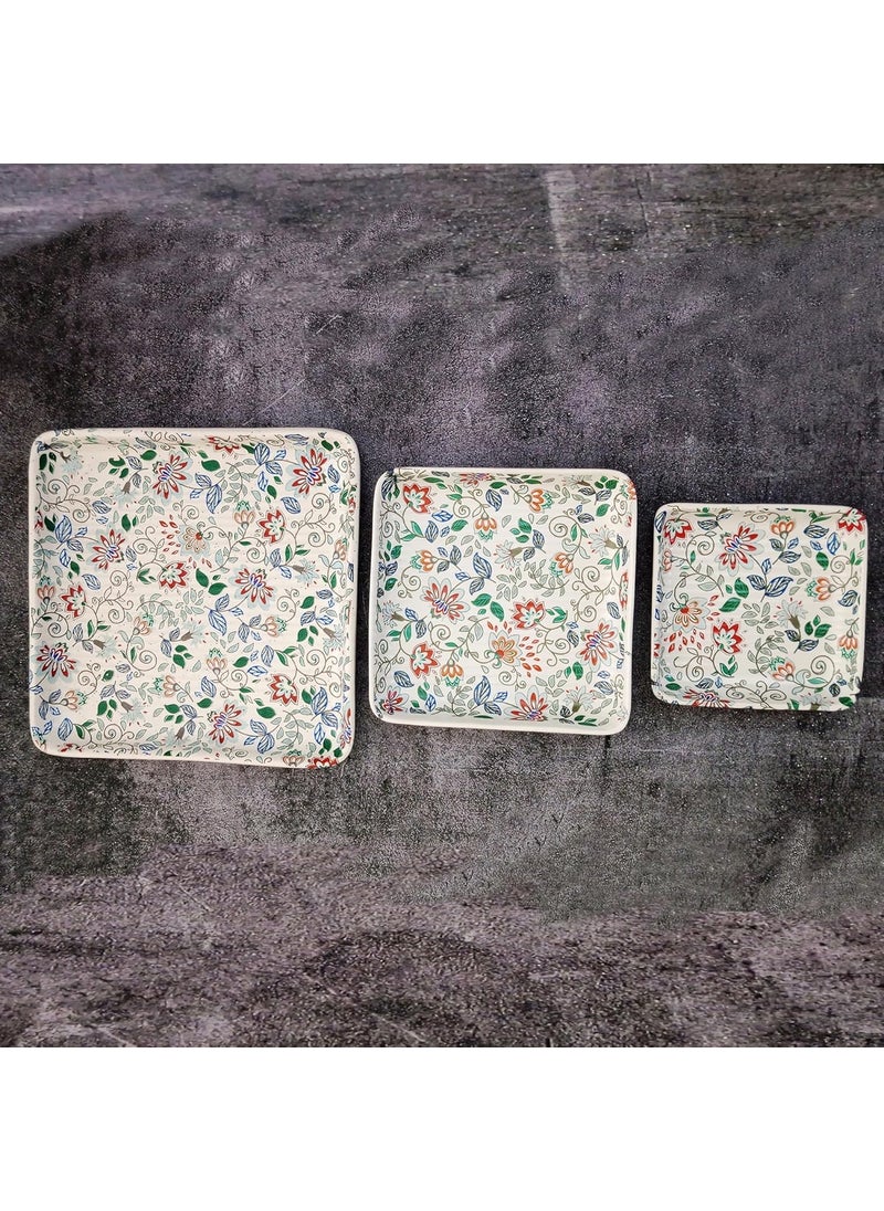 Lupaava Ceramic Platters Set of 3 Square Platters White Base with Dotted Design Printed