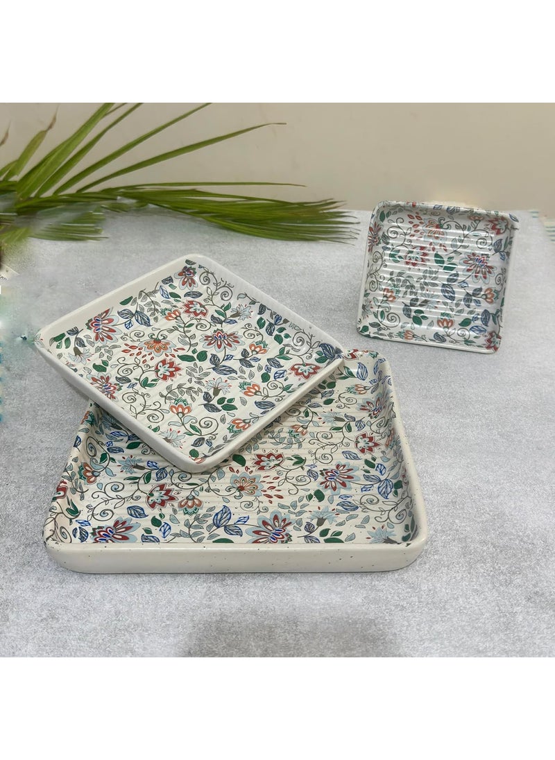 Lupaava Ceramic Platters Set of 3 Square Platters White Base with Dotted Design Printed