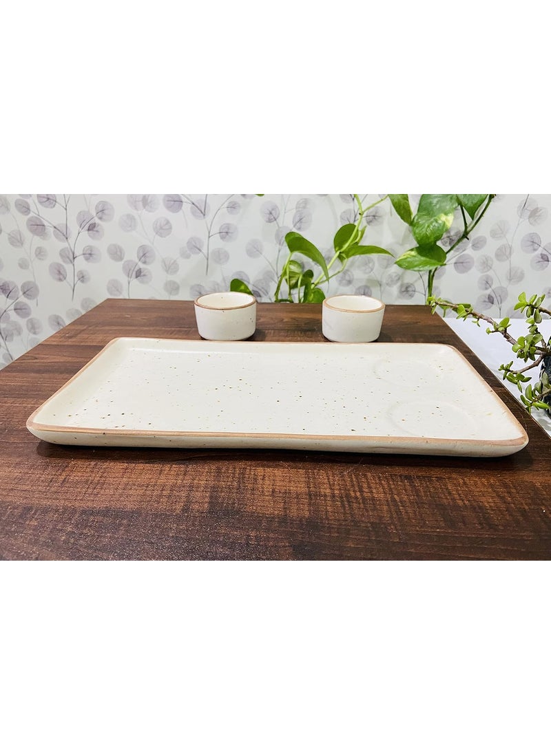 ALTAICA Ceramic Serving Platter Plate Tray with Two Dip Bowls for Snacks Starter Salad Pasta Perfect for Modern Kitchen Matte Marble Finish