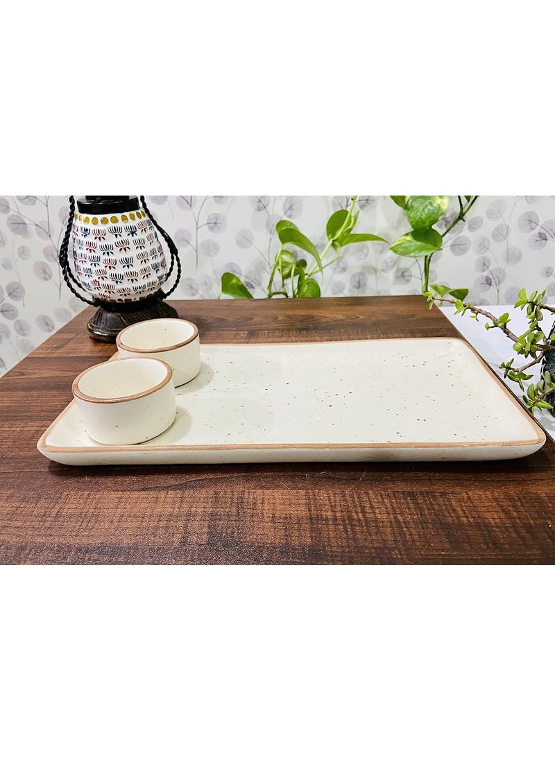 ALTAICA Ceramic Serving Platter Plate Tray with Two Dip Bowls for Snacks Starter Salad Pasta Perfect for Modern Kitchen Matte Marble Finish