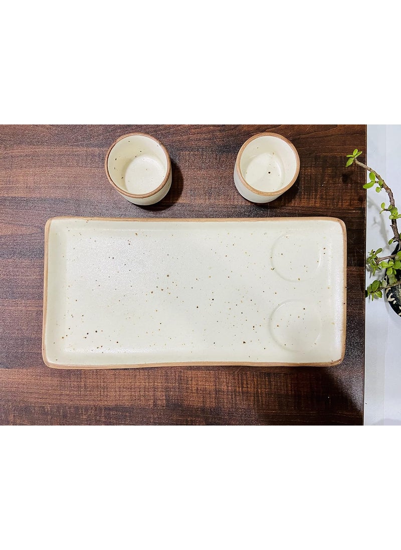 ALTAICA Ceramic Serving Platter Plate Tray with Two Dip Bowls for Snacks Starter Salad Pasta Perfect for Modern Kitchen Matte Marble Finish