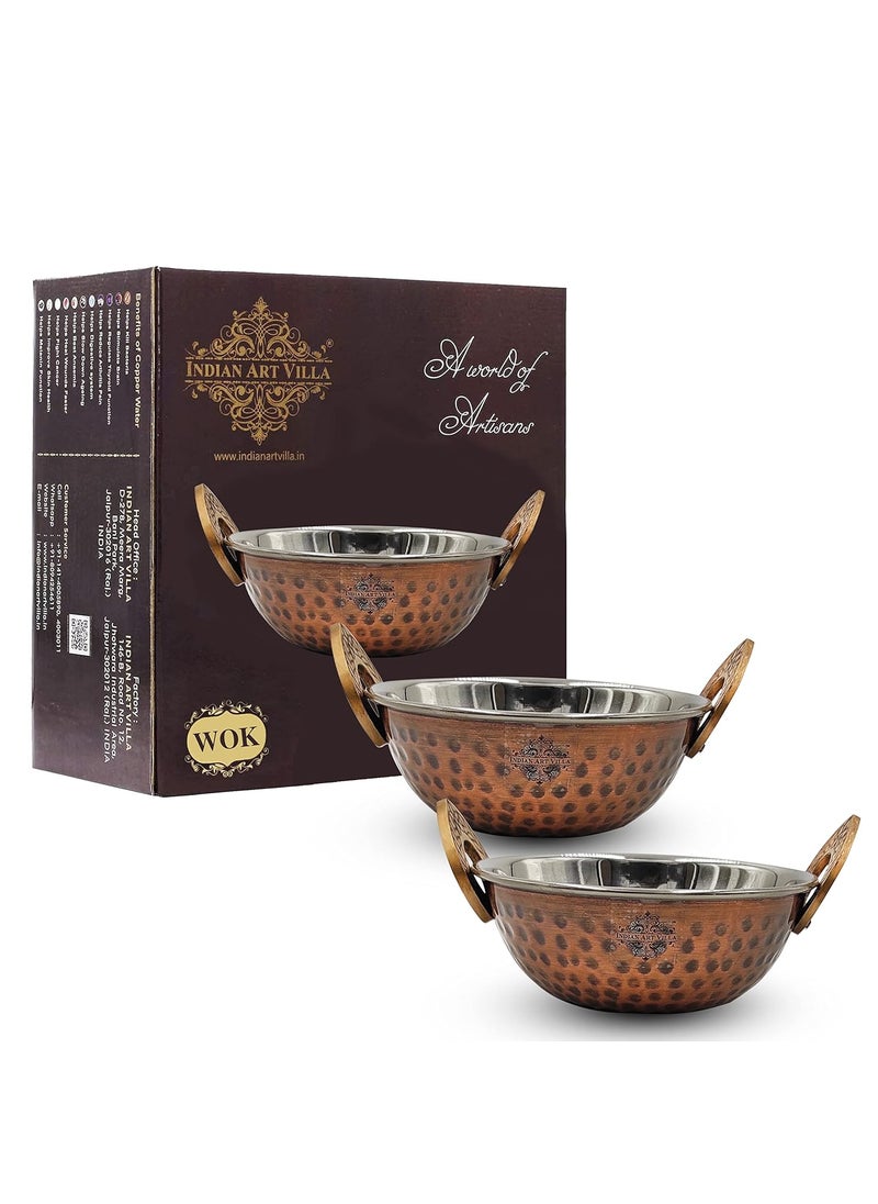 INDIAN ART VILLA Hammered Antique Dark Finish Design Steel Copper KadhaiWok Serving Dishes Tableware 200 ML Set of 2