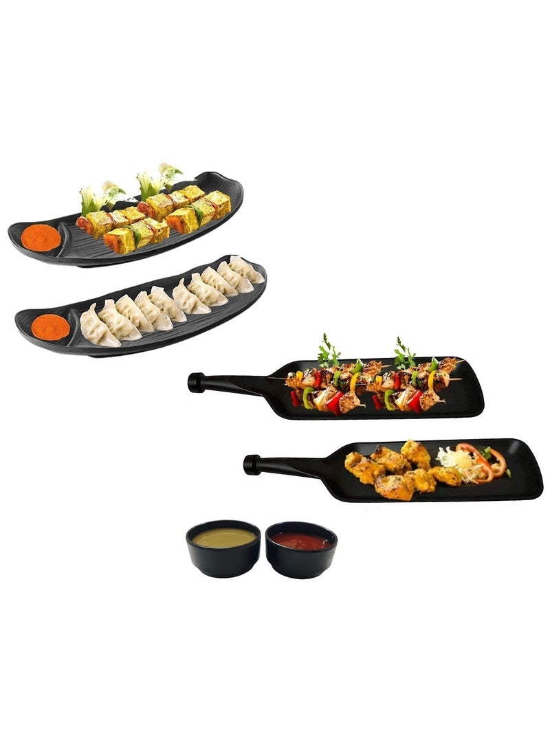 Home Decorise Melamine 4 Platter Combo with 2 Dip for French Fries Momos Paneer Tikka Kabab Serving Dessert and Snacks PlatterTray Matt Black Combo Pack of 6