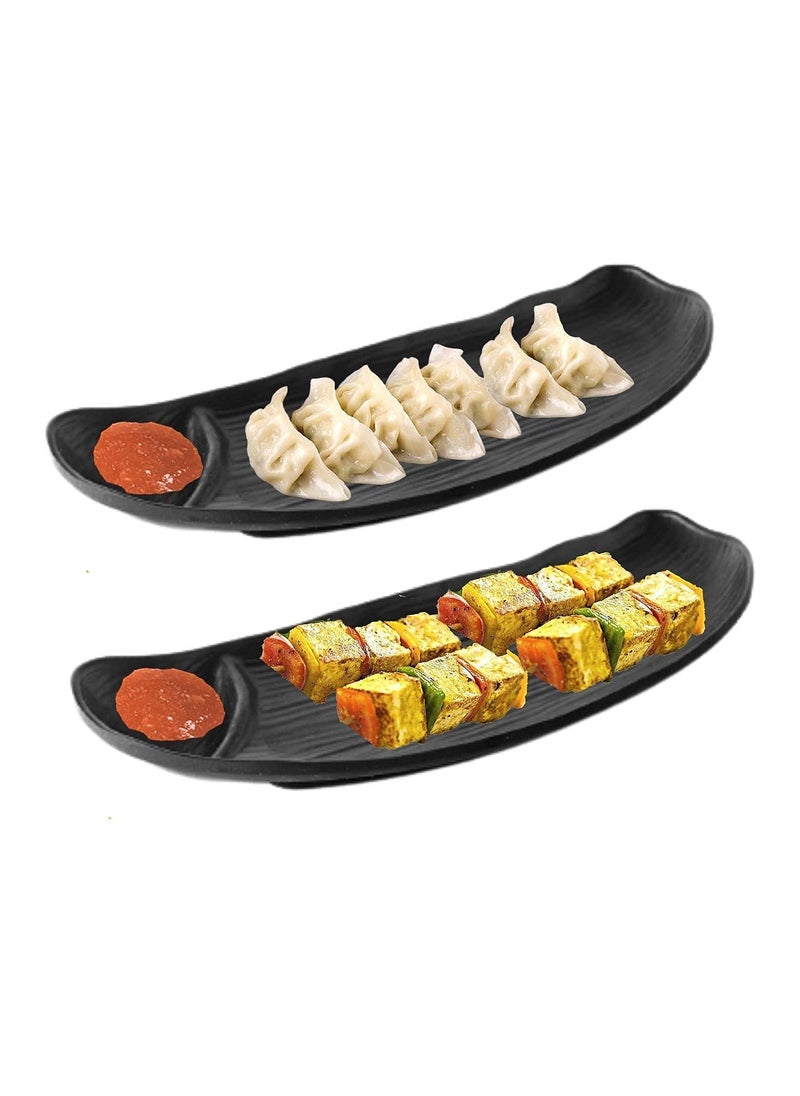 Home Decorise Melamine 4 Platter Combo with 2 Dip for French Fries Momos Paneer Tikka Kabab Serving Dessert and Snacks PlatterTray Matt Black Combo Pack of 6