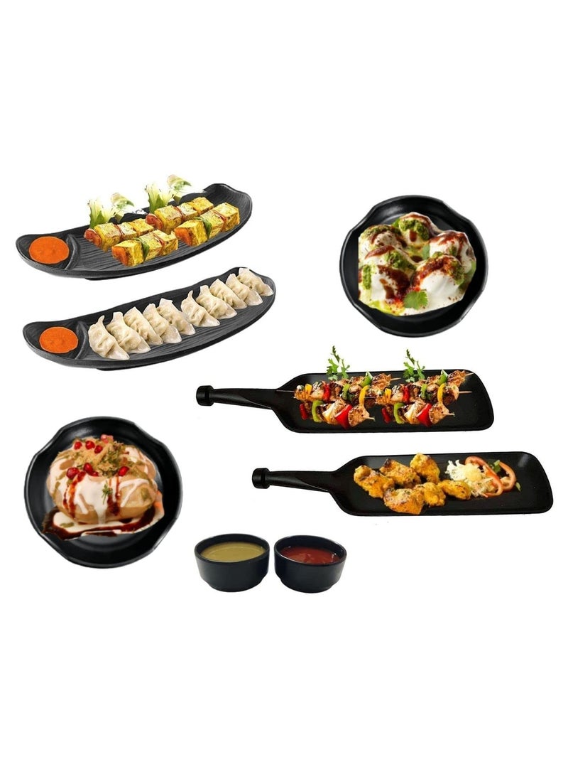 Home Decorise Melamine French Fries Momos Serving Platter with 2 Bhalla Plate and 2 Dip BowlsServing Dessert and Snacks PlatterTray Diwali Gift Matt Black Combo Pack of 8