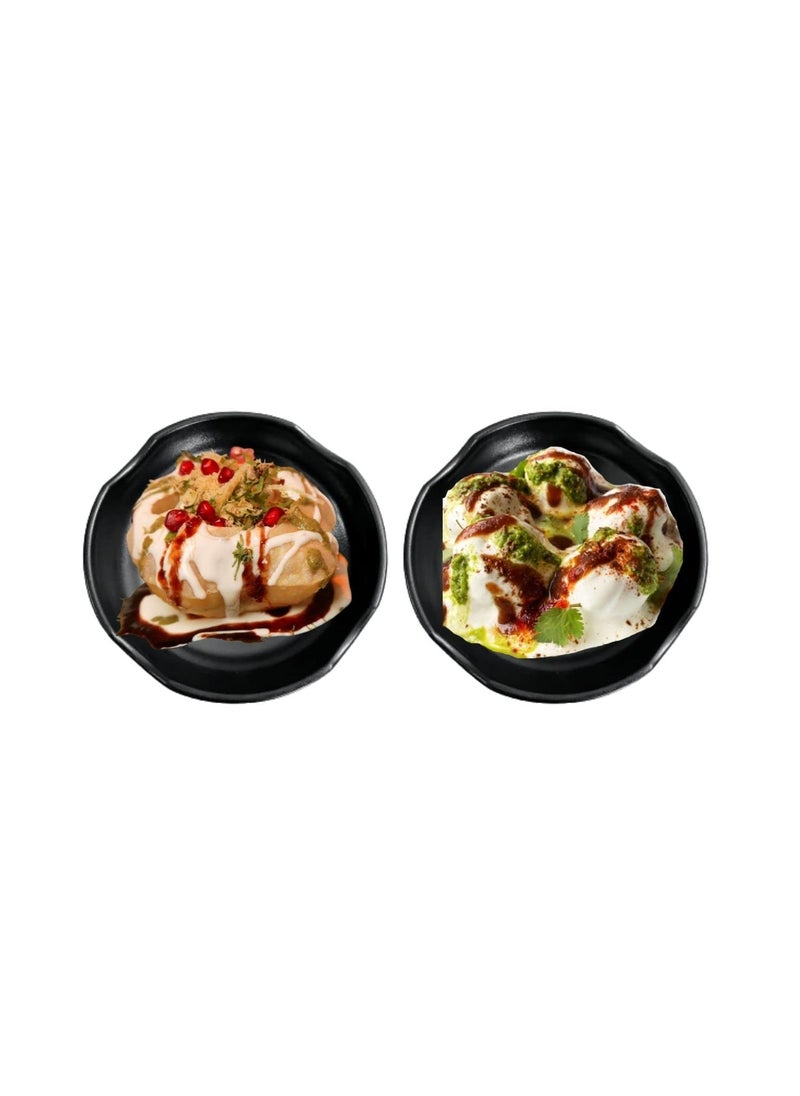 Home Decorise Melamine French Fries Momos Serving Platter with 2 Bhalla Plate and 2 Dip BowlsServing Dessert and Snacks PlatterTray Diwali Gift Matt Black Combo Pack of 8
