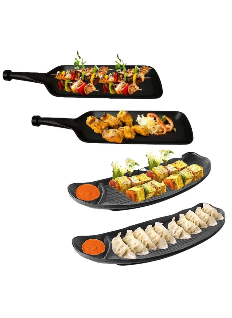 Home Decorise Melamine French Fries Momos Serving Platter with 2 Bhalla Plate and 2 Dip BowlsServing Dessert and Snacks PlatterTray Diwali Gift Matt Black Combo Pack of 8