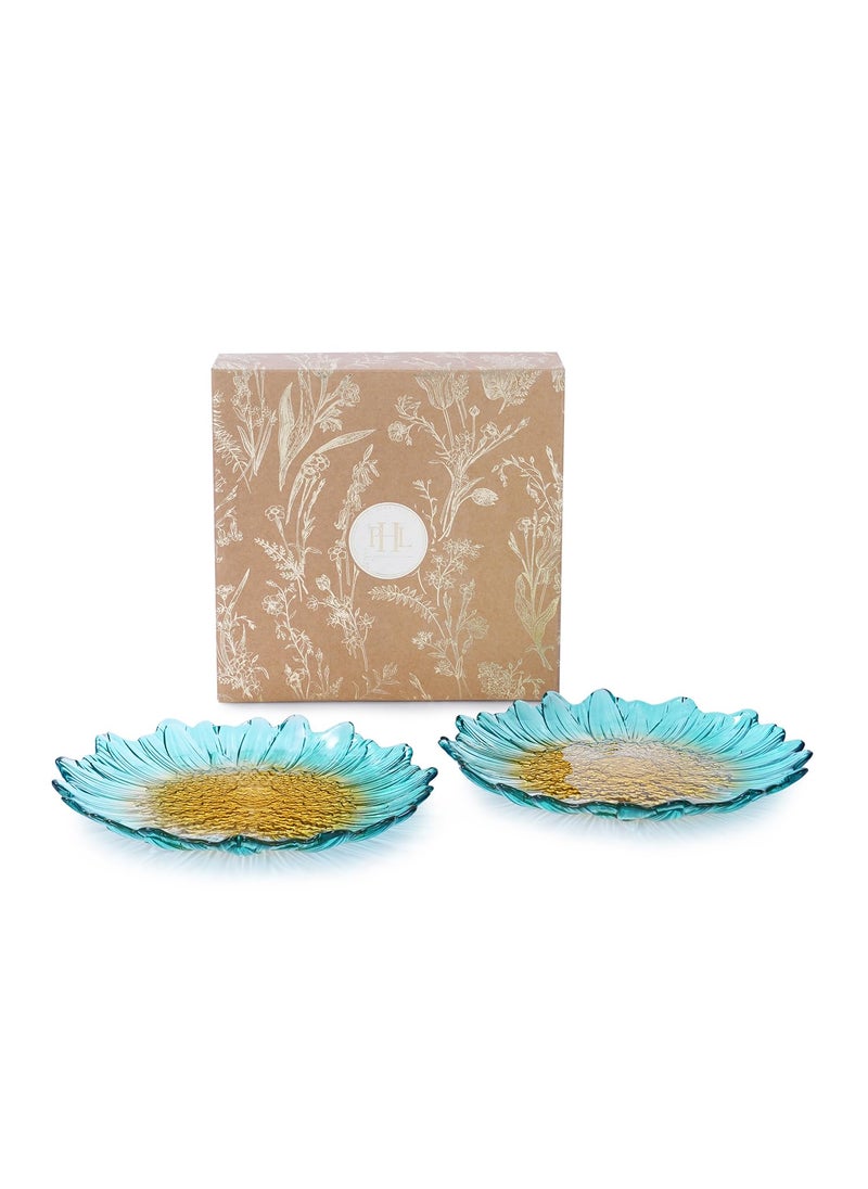 Pure Home Living Set of 2 Blue and Yellow Ombre Gerbera Shaped Glass Desset Plates