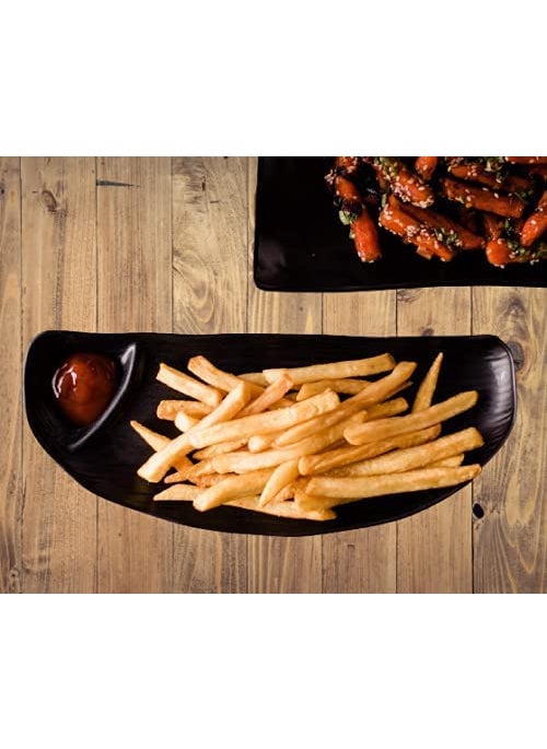 DECOR VIBES Melamine 4 Platter Combo with 2 Dip for French Fries Momos Paneer Tikka Kabab Serving Dessert and Snacks PlatterTray Matt Black Combo Pack of 6