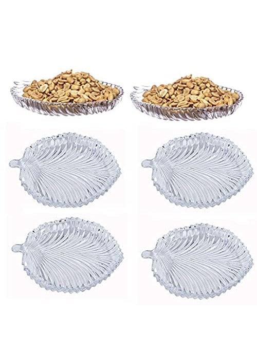 DECOR VIBES Glass Leaf Serving Platter Serving Dessert and Snacks PlatterTray Multipurpose Pack of 6