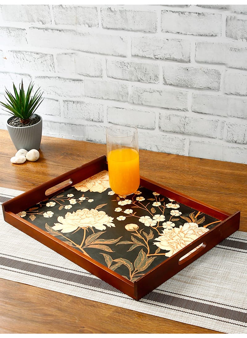 Reinvention Factory Black Flower Thai Teak Wood Large Multipurpose Serving Tray