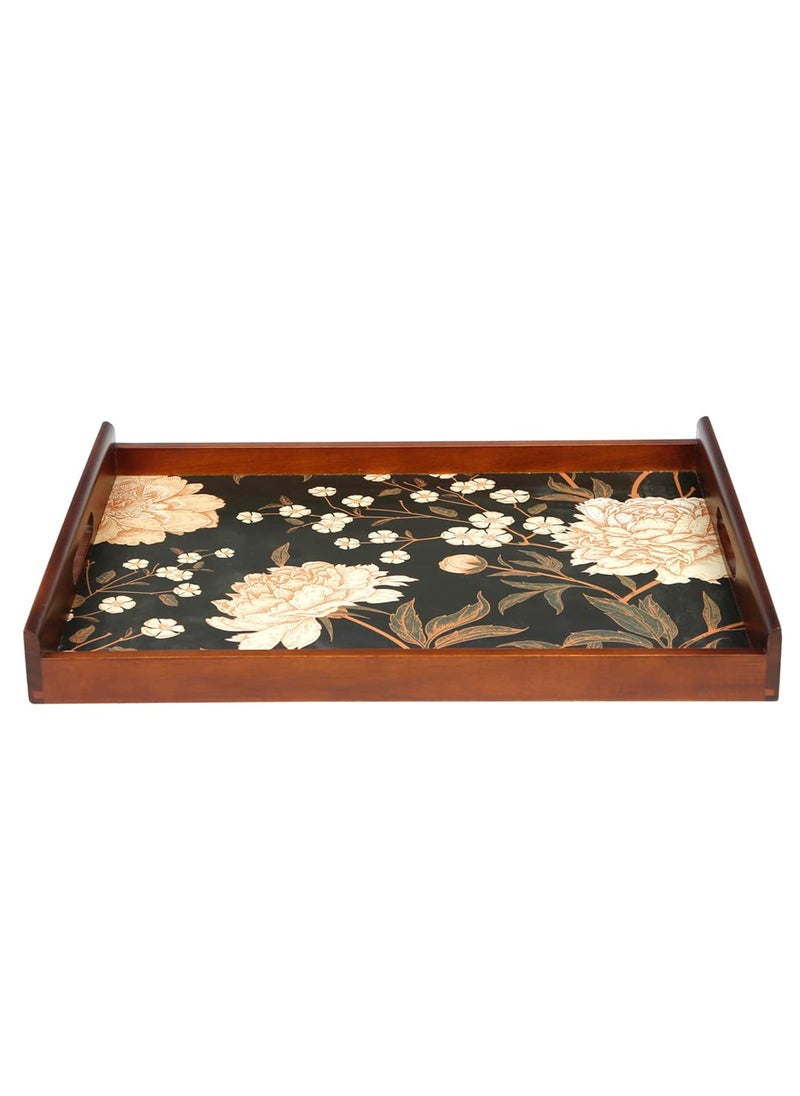 Reinvention Factory Black Flower Thai Teak Wood Large Multipurpose Serving Tray