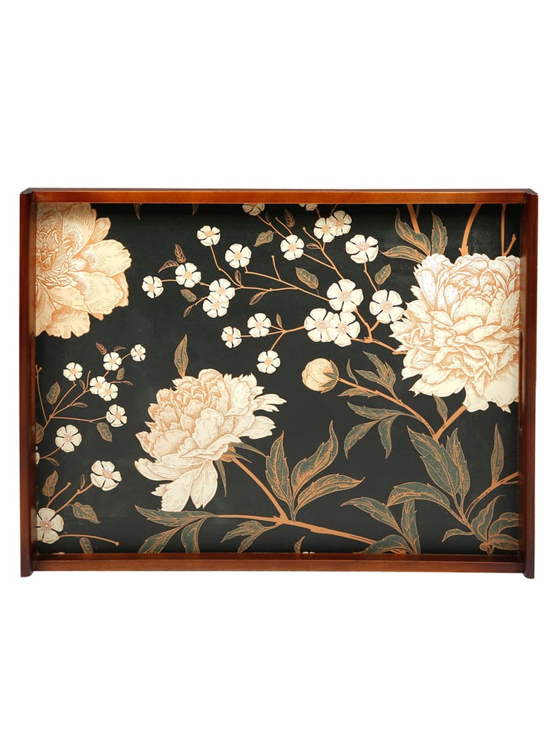 Reinvention Factory Black Flower Thai Teak Wood Large Multipurpose Serving Tray