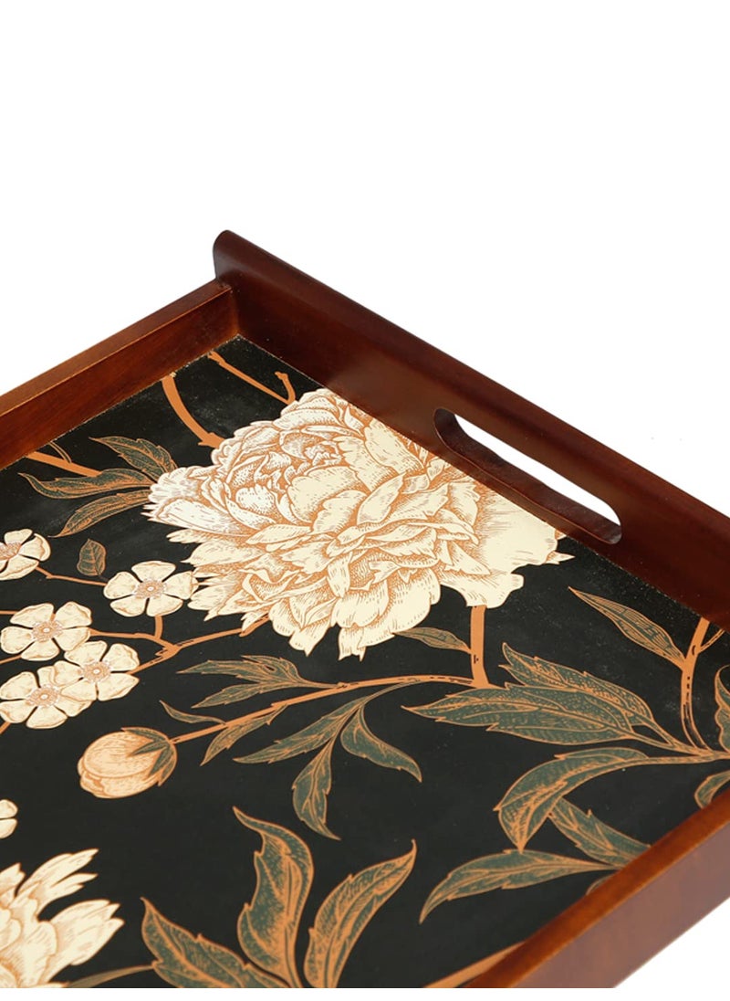 Reinvention Factory Black Flower Thai Teak Wood Large Multipurpose Serving Tray