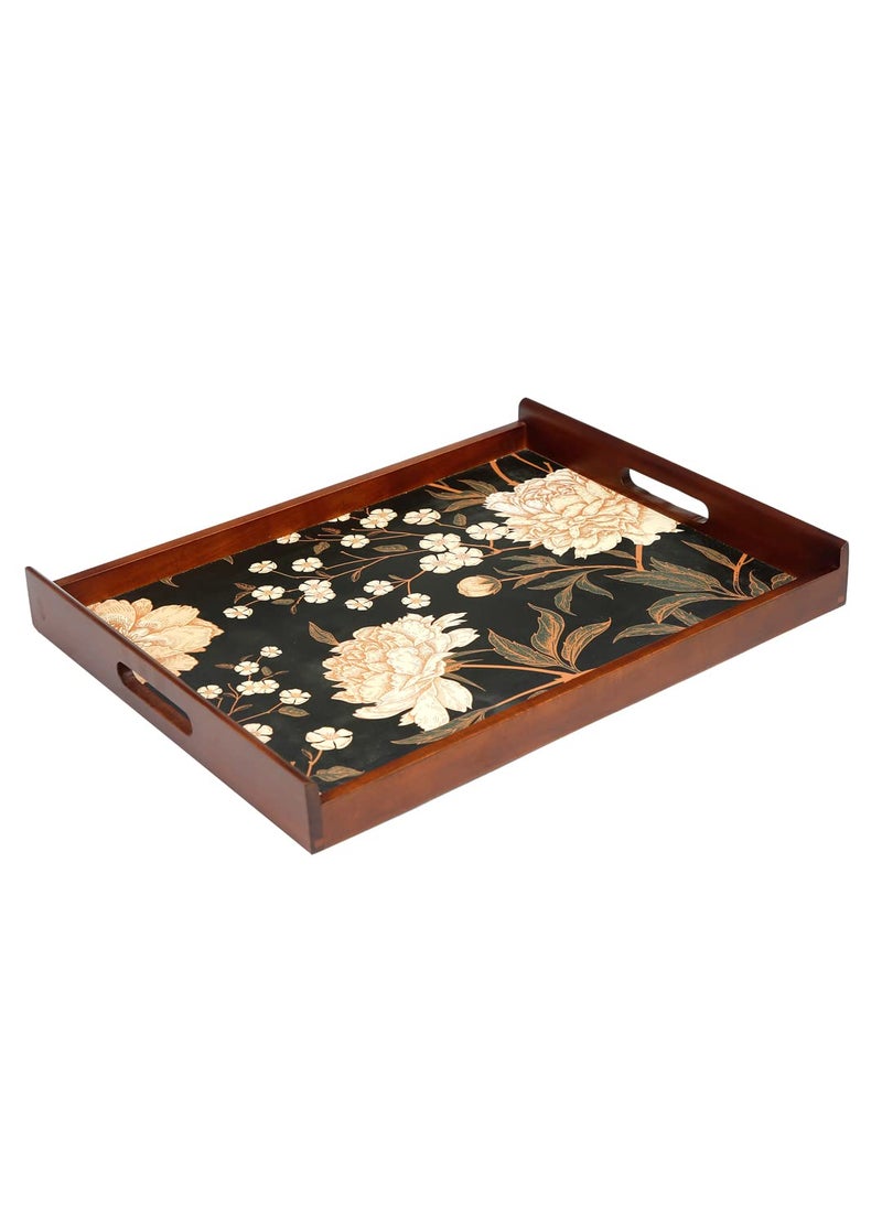 Reinvention Factory Black Flower Thai Teak Wood Large Multipurpose Serving Tray