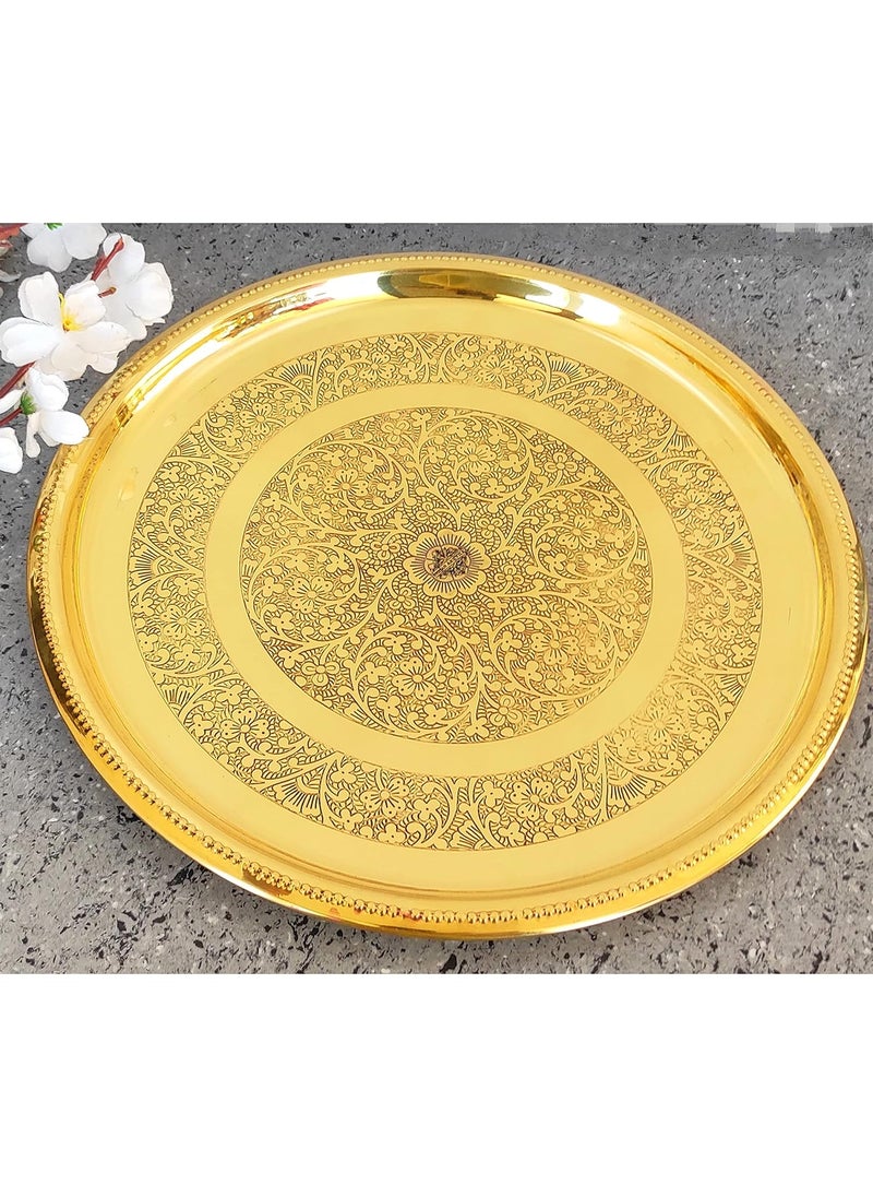 INDIAN ART VILLA Brass Double Ring Floral Design Plate Platter Serveware Tableware Diameter 12 Inch Gold