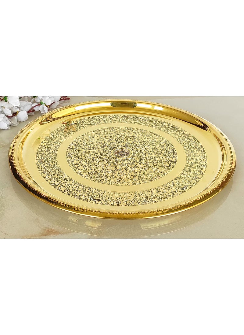 INDIAN ART VILLA Brass Double Ring Floral Design Plate Platter Serveware Tableware Diameter 12 Inch Gold