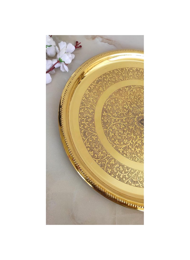 INDIAN ART VILLA Brass Double Ring Floral Design Plate Platter Serveware Tableware Diameter 12 Inch Gold