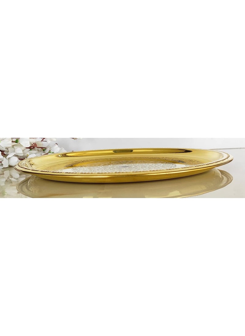 INDIAN ART VILLA Brass Double Ring Floral Design Plate Platter Serveware Tableware Diameter 12 Inch Gold