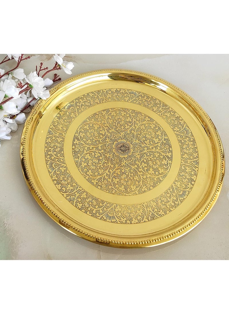 INDIAN ART VILLA Brass Double Ring Floral Design Plate Platter Serveware Tableware Diameter 12 Inch Gold