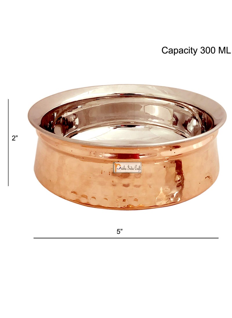 Prisha India Craft Stainless Steel Copper Handi Bowl with 4 Serving Spoon Serveware Tableware Capacity 300 ML 1 No Set of 4