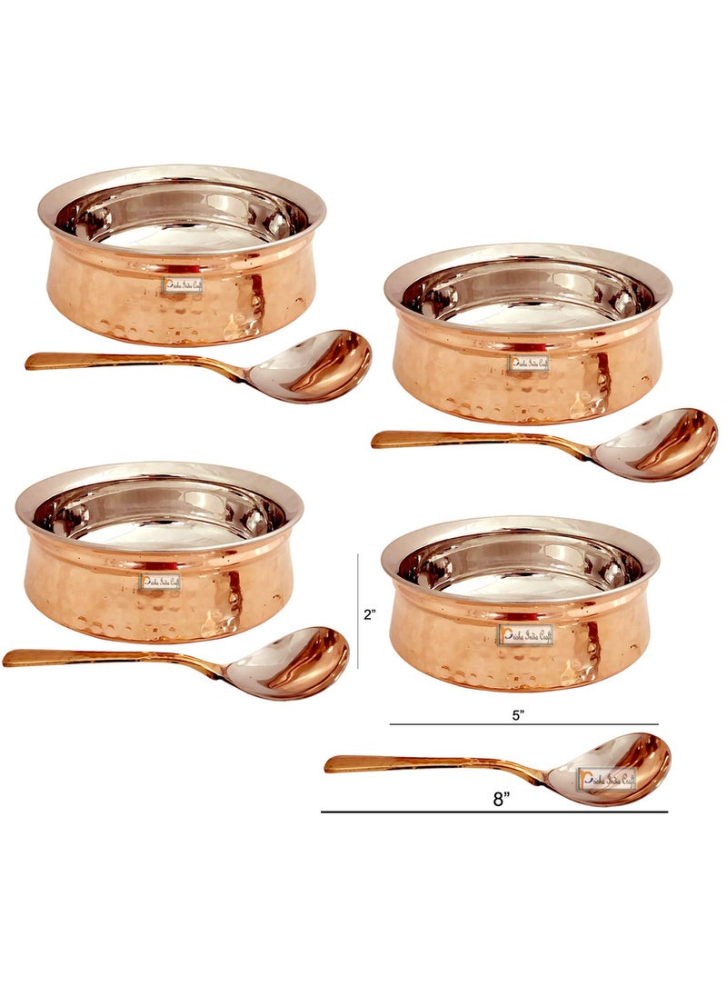 Prisha India Craft Stainless Steel Copper Handi Bowl with 4 Serving Spoon Serveware Tableware Capacity 300 ML 1 No Set of 4