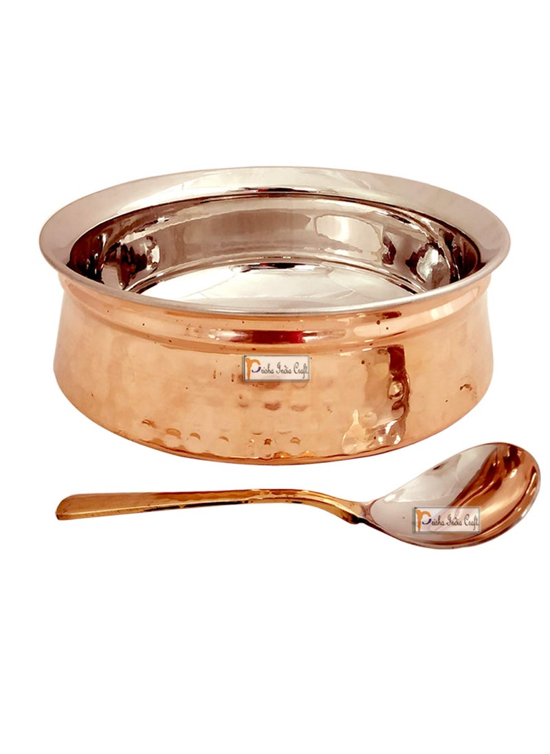 Prisha India Craft Stainless Steel Copper Handi Bowl with 1 Serving Spoon Serveware Tableware Capacity 500 ML 2 No