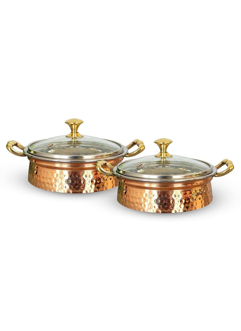 INDIAN ART VILLA Steel Copper HandiCasserole Bowl with Induction Bottom Brass Knob and Handle Serveware Tableware Dinnerweare 750 ml Pack of 2