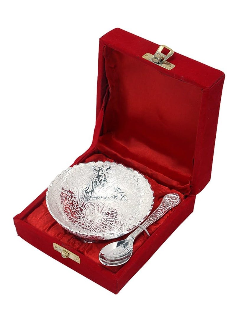 METALMASTERY White Metal Silver Plated Peacock Dessert Bowl and Spoon Set with Royal Velvet Gift Box German Silver Bowl Set Set of 5
