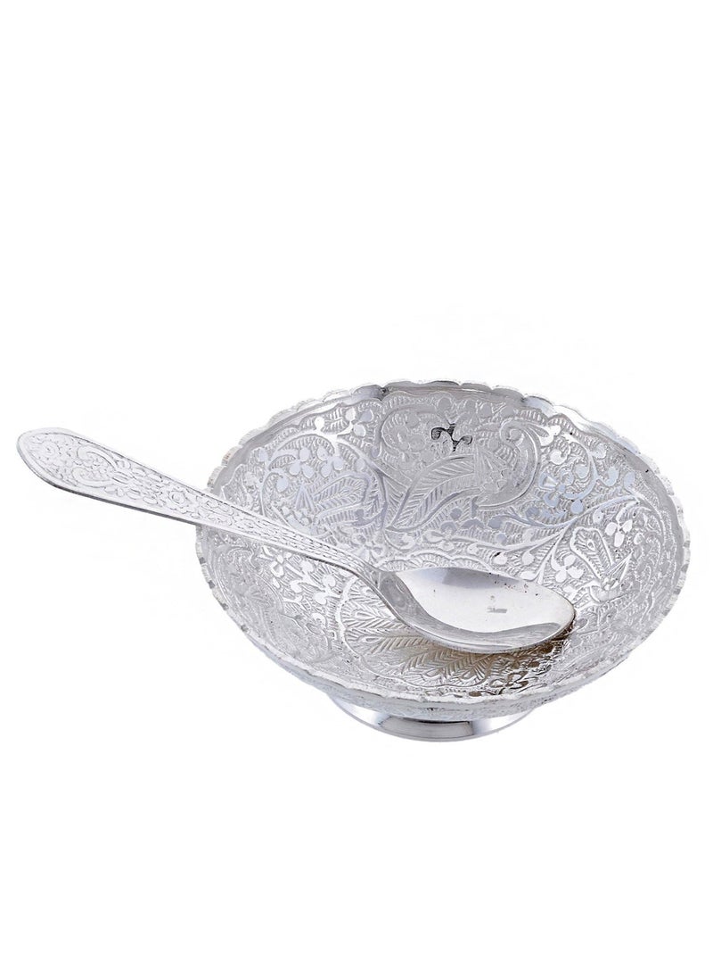METALMASTERY White Metal Silver Plated Peacock Dessert Bowl and Spoon Set with Royal Velvet Gift Box German Silver Bowl Set Set of 5
