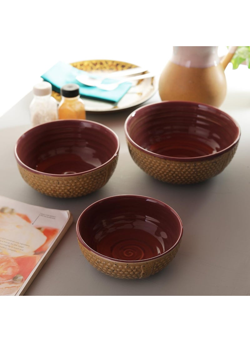 Miah Dcor StonewareHandcrafted Dotted Surface Pattern Nestled Serving BowlsPack of 3Microwave Dishwasher SafeMDCF31Brown and Burgandy