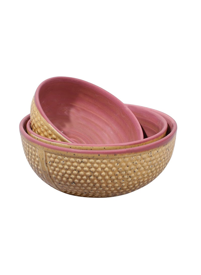 Miah Dcor StonewareHandcrafted Dotted Surface Pattern Nestled Serving BowlsPack of 3Microwave Dishwasher SafeMDCF31Brown and Burgandy