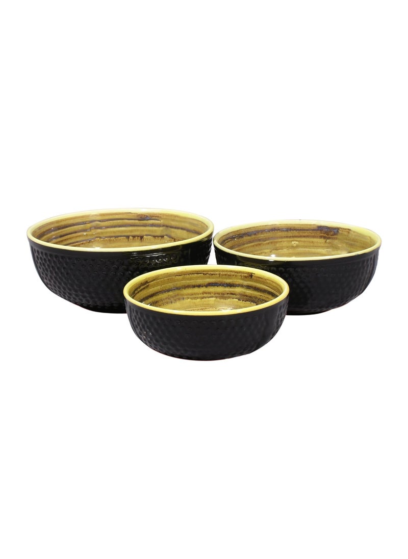 Miah Dcor Ceramic Handcrafted Nestled Serving Bowls Set Pack of 3StonewareDotted Surface Pattern Dia876 Microwave Dishwasher SafeMDCF35Black and Yellow