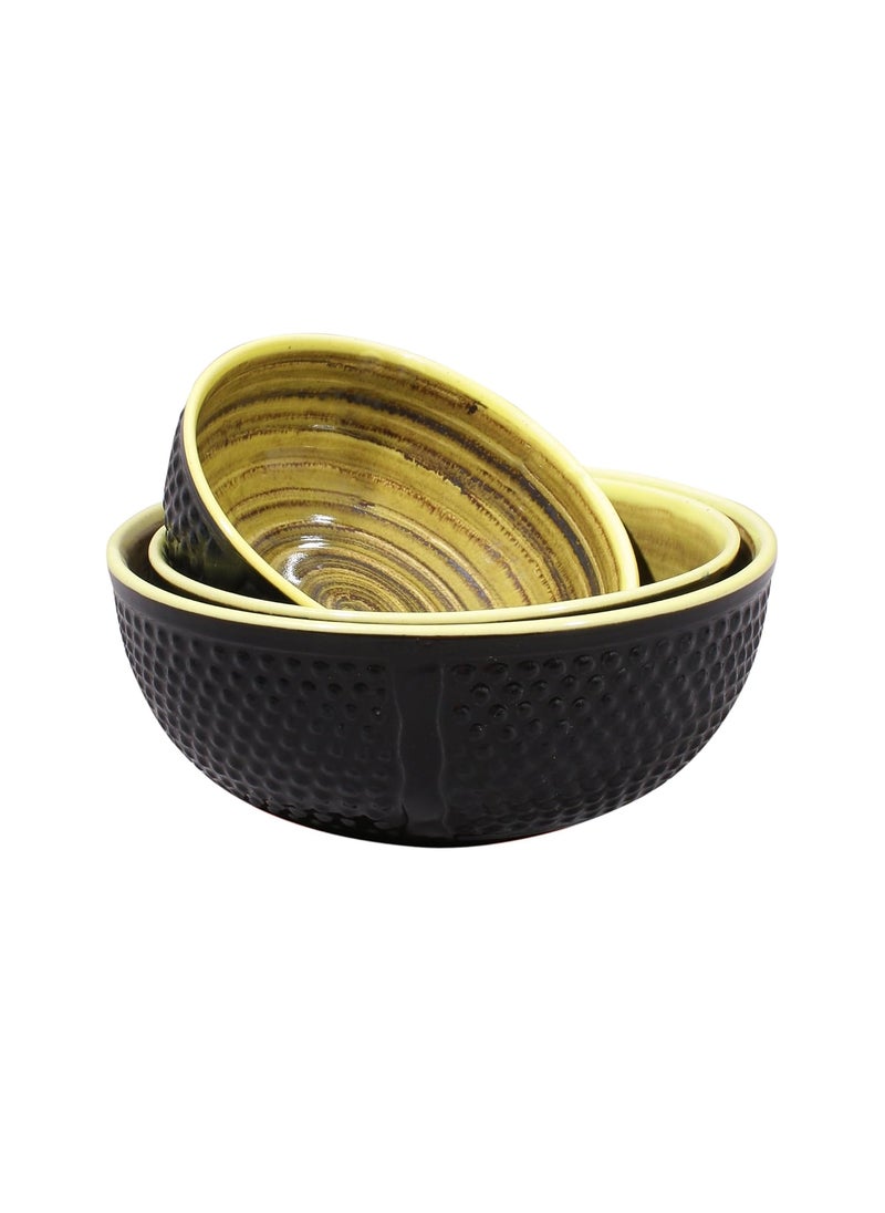 Miah Dcor Ceramic Handcrafted Nestled Serving Bowls Set Pack of 3StonewareDotted Surface Pattern Dia876 Microwave Dishwasher SafeMDCF35Black and Yellow