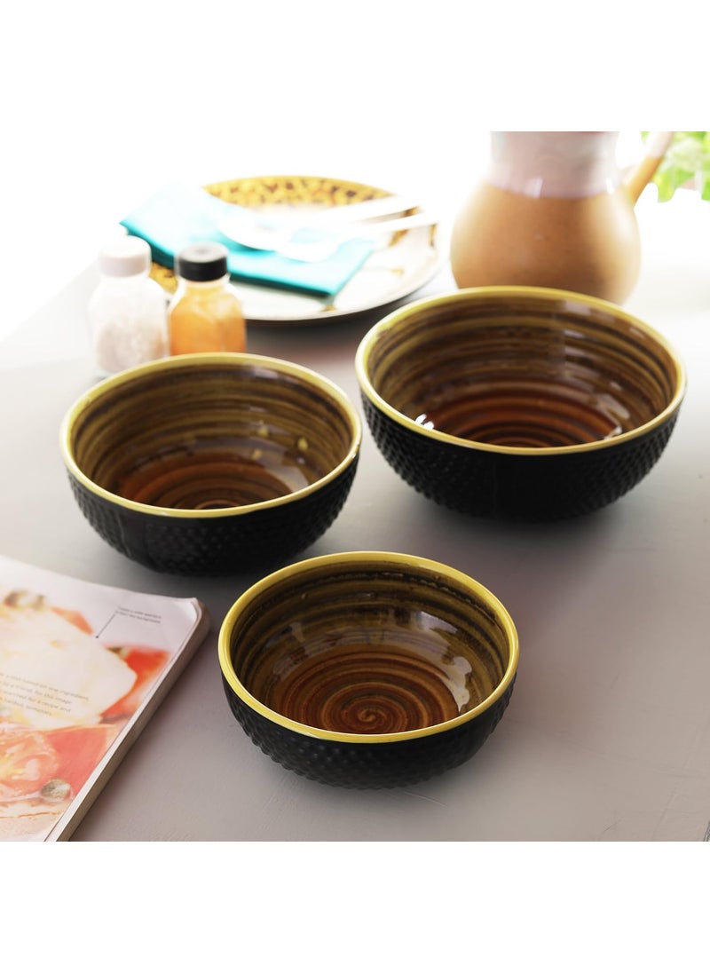 Miah Dcor Ceramic Handcrafted Nestled Serving Bowls Set Pack of 3StonewareDotted Surface Pattern Dia876 Microwave Dishwasher SafeMDCF35Black and Yellow