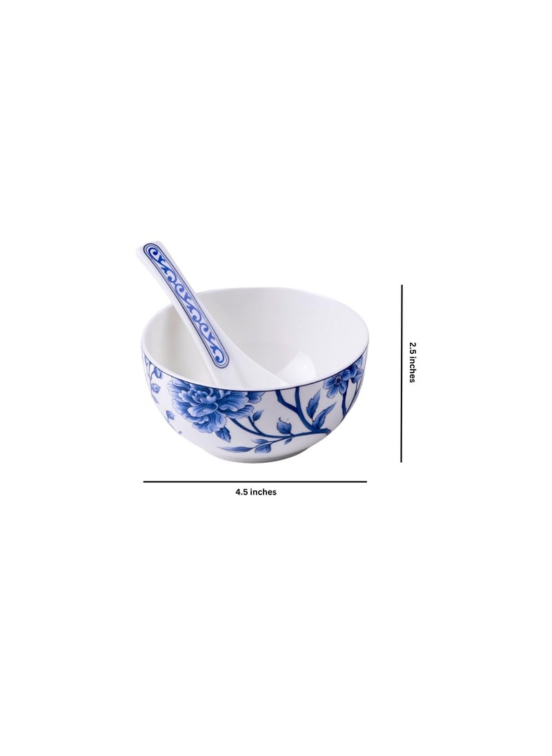 GOLDEN QUEENs Premium Ceramic Soup Bowls And Spoons Set Of 6DurableStylish And Microwave Safe6 Inch WidePerfect For Serving SoupSaladDesserts Or Cereals Sapphire Bloom Soup Set250 ml