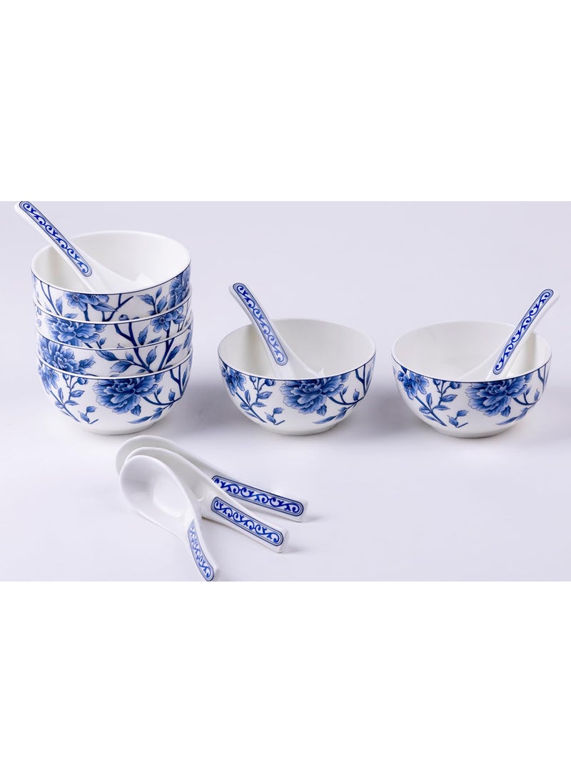 GOLDEN QUEENs Premium Ceramic Soup Bowls And Spoons Set Of 6DurableStylish And Microwave Safe6 Inch WidePerfect For Serving SoupSaladDesserts Or Cereals Sapphire Bloom Soup Set250 ml