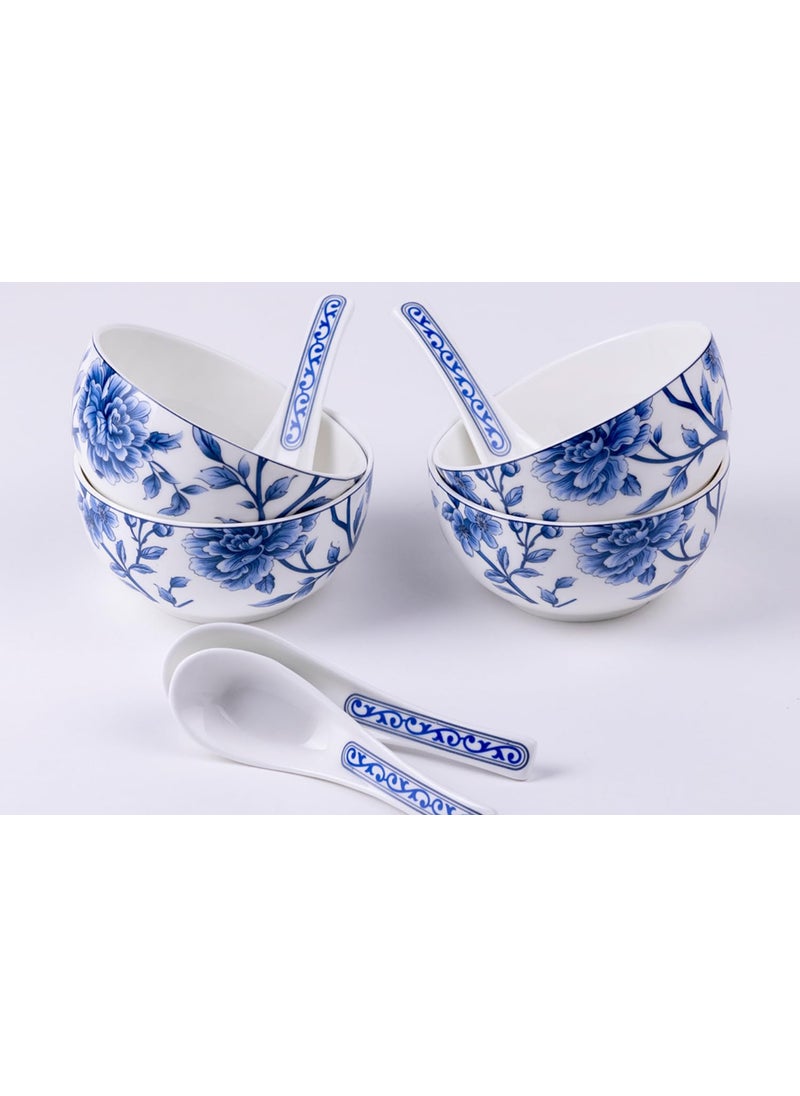 GOLDEN QUEENs Premium Ceramic Soup Bowls And Spoons Set Of 6DurableStylish And Microwave Safe6 Inch WidePerfect For Serving SoupSaladDesserts Or Cereals Sapphire Bloom Soup Set250 ml