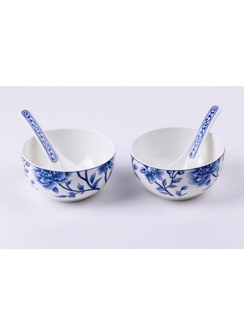 GOLDEN QUEENs Premium Ceramic Soup Bowls And Spoons Set Of 6DurableStylish And Microwave Safe6 Inch WidePerfect For Serving SoupSaladDesserts Or Cereals Sapphire Bloom Soup Set250 ml