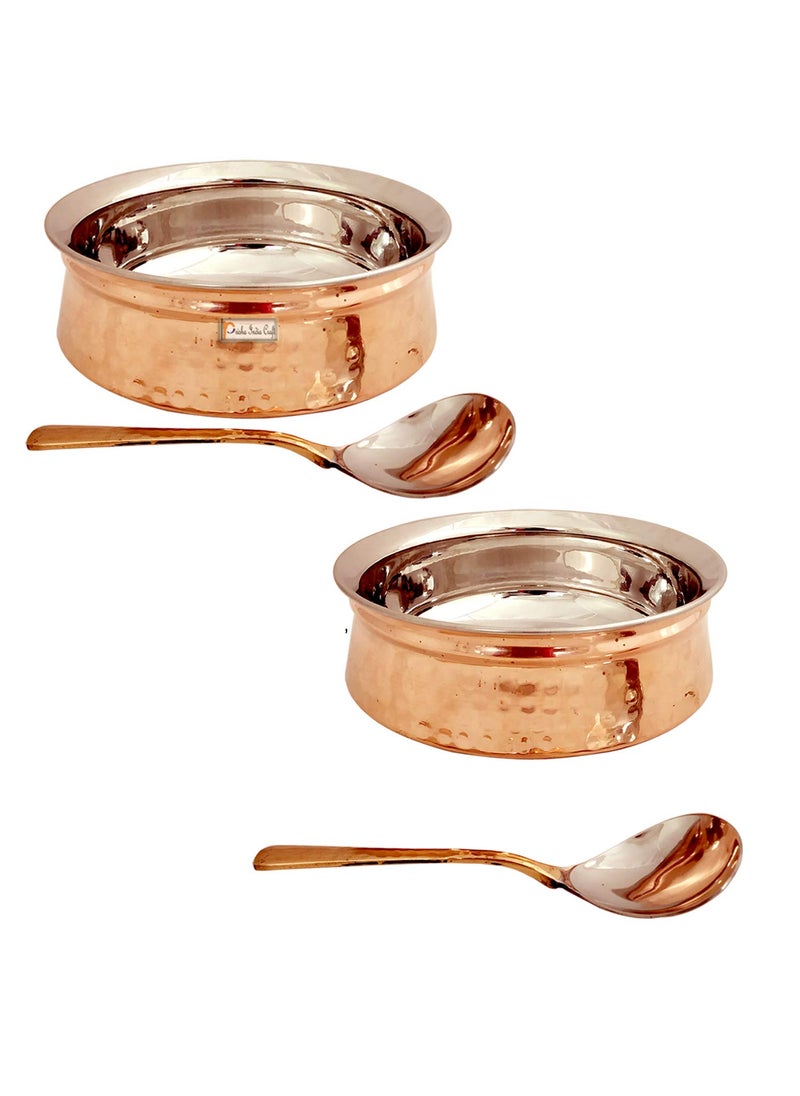 Prisha India Craft Stainless Steel Copper Handi Bowl with 2 Serving Spoon Serveware Tableware Capacity 500 ML 2 No Set of 2