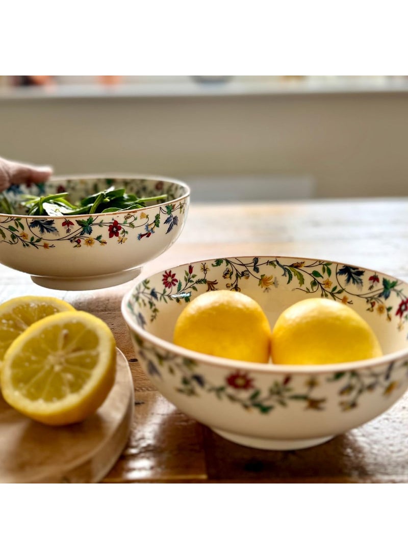 GOLDEN QUEENS Handcrafted Floral Ceramic Serving Bowls 2 Pcs Set Microwave Safe for Daily Meals Hosting 7 inch 8 inch Wide Summer Floral Bowls