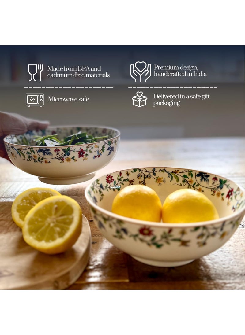 GOLDEN QUEENS Handcrafted Floral Ceramic Serving Bowls 2 Pcs Set Microwave Safe for Daily Meals Hosting 7 inch 8 inch Wide Summer Floral Bowls