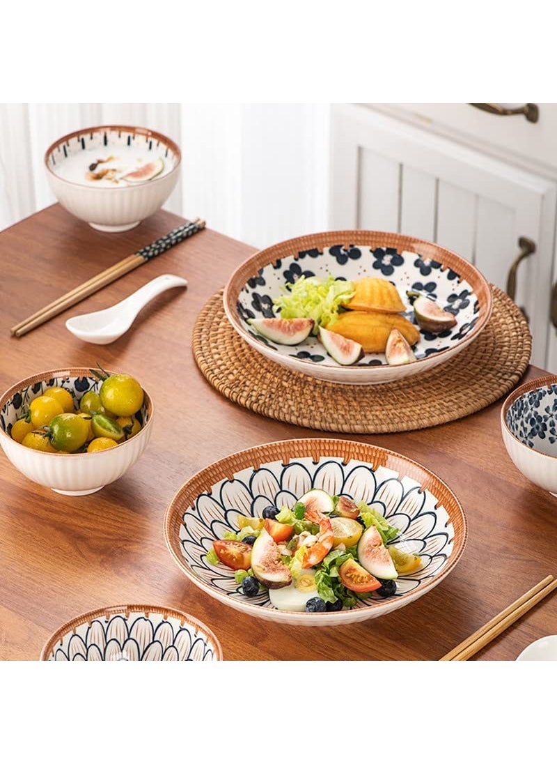 HENIJ Japanese Style Ceramic Rice Bowl with Gift Box Blue and White Pattern Bowls Set Underglazed Dinnerware for Dessert Snack Cereal Soup Set of 14 4Bowls 2Plate 4ChopStick 4Spoon