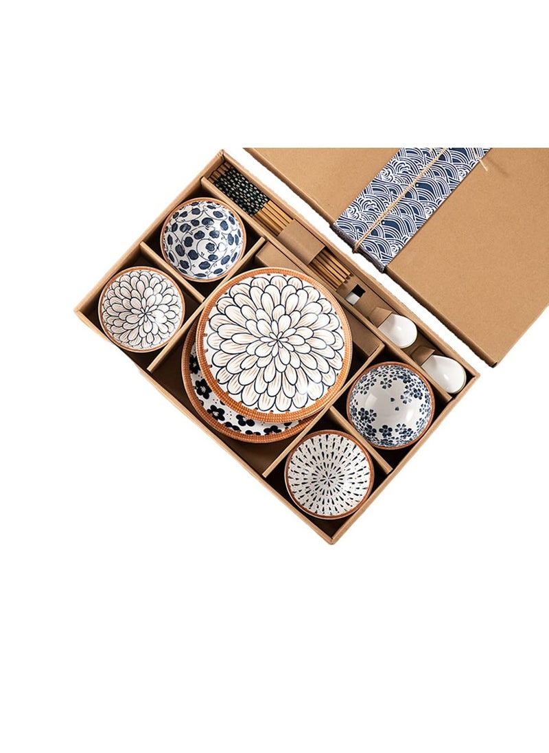 HENIJ Japanese Style Ceramic Rice Bowl with Gift Box Blue and White Pattern Bowls Set Underglazed Dinnerware for Dessert Snack Cereal Soup Set of 14 4Bowls 2Plate 4ChopStick 4Spoon