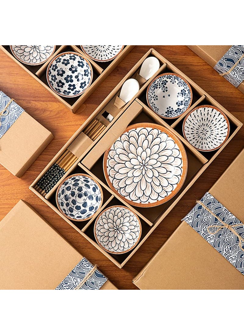 HENIJ Japanese Style Ceramic Rice Bowl with Gift Box Blue and White Pattern Bowls Set Underglazed Dinnerware for Dessert Snack Cereal Soup Set of 14 4Bowls 2Plate 4ChopStick 4Spoon
