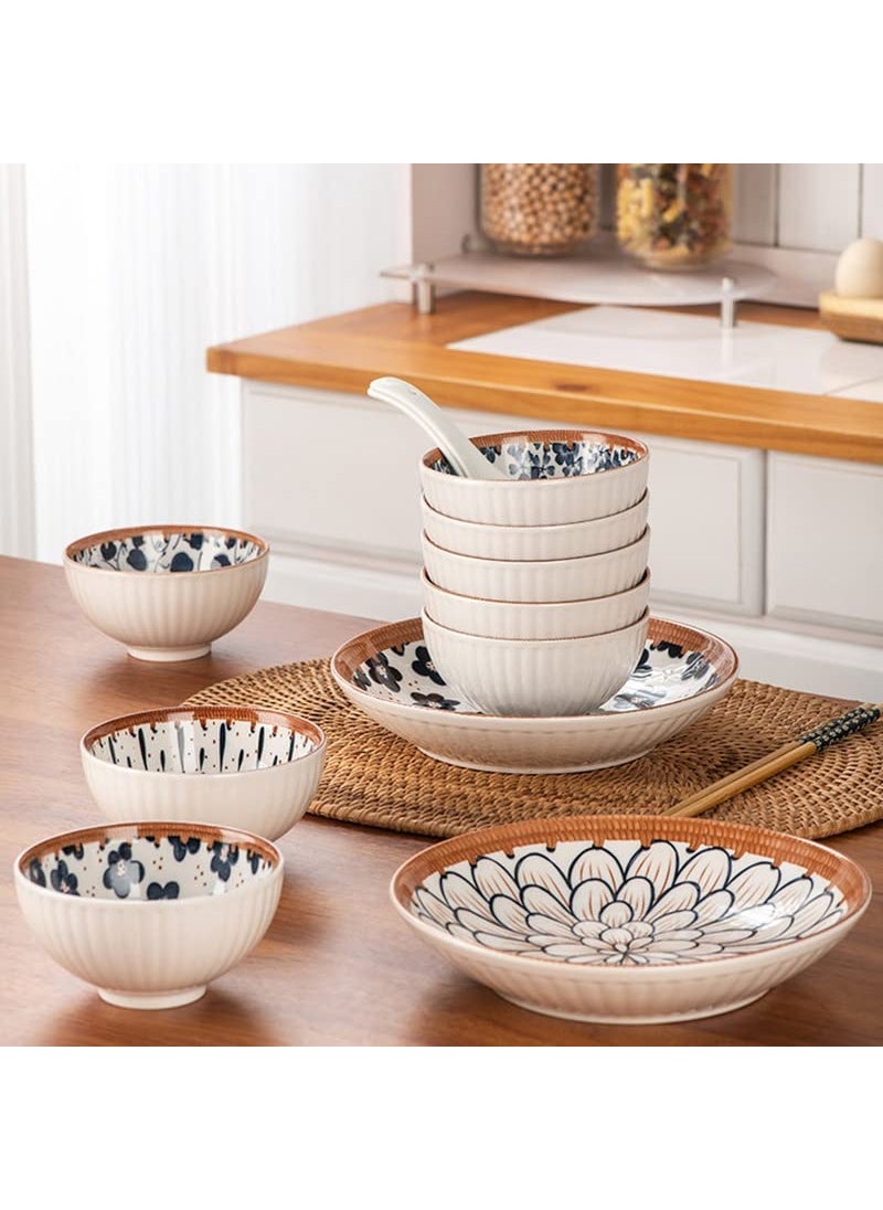 HENIJ Japanese Style Ceramic Rice Bowl with Gift Box Blue and White Pattern Bowls Set Underglazed Dinnerware for Dessert Snack Cereal Soup Set of 14 4Bowls 2Plate 4ChopStick 4Spoon