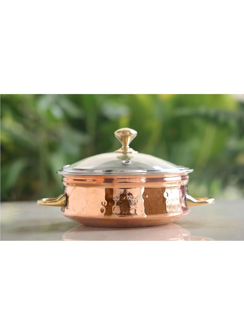 Steel Copper Handi Bowl with Glass Lid for Serving Dishes Tableware Kitchenware for Home and Restaurant 500 ML
