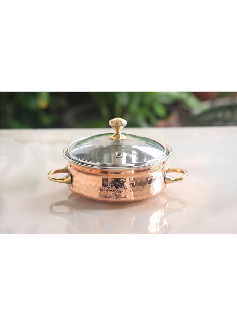Steel Copper Handi Bowl with Glass Lid for Serving Dishes Tableware Kitchenware for Home and Restaurant 500 ML